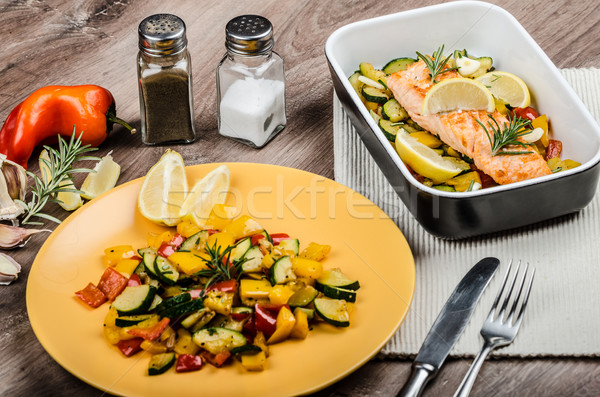 Salmon baked with thyme and Mediterranean vegetables Stock photo © Peteer