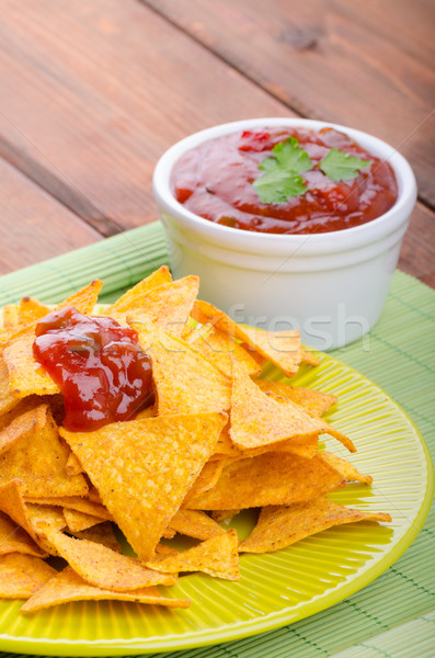 Tortilla chips with spicy tomato salsa Stock photo © Peteer