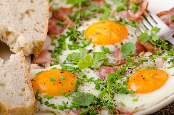 Stock photo: Spring omelette with bacon, egg and herbs