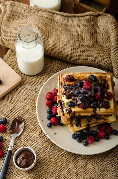 Foto stock: Frutas · chocolate · framboesas · mirtilos · fundo · gelo