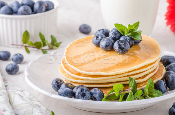 Stockfoto: Amerikaanse · pannenkoeken · bosbessen · esdoorn · siroop · voedsel