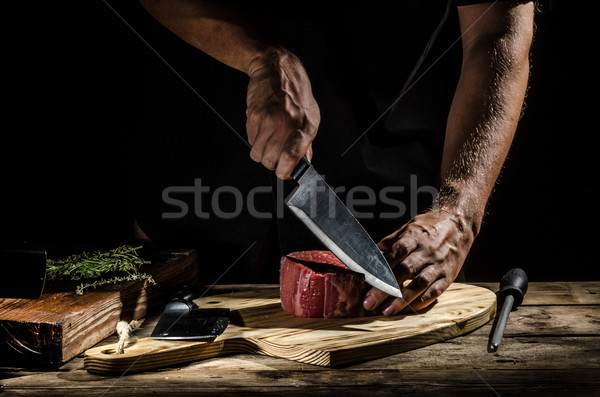 Chef butcher prepare beef steak Stock photo © Peteer