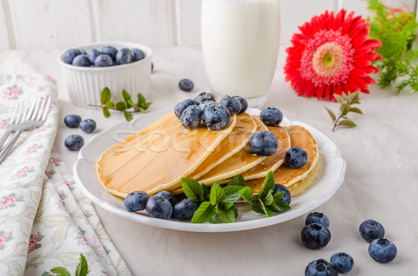 Stockfoto: Amerikaanse · pannenkoeken · bosbessen · esdoorn · siroop · voedsel