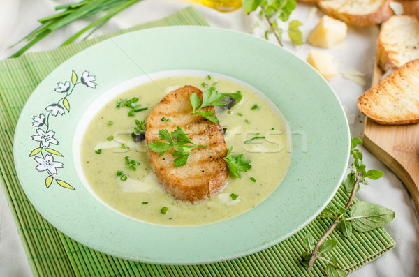 Creamy leek herby soup with toast Stock photo © Peteer