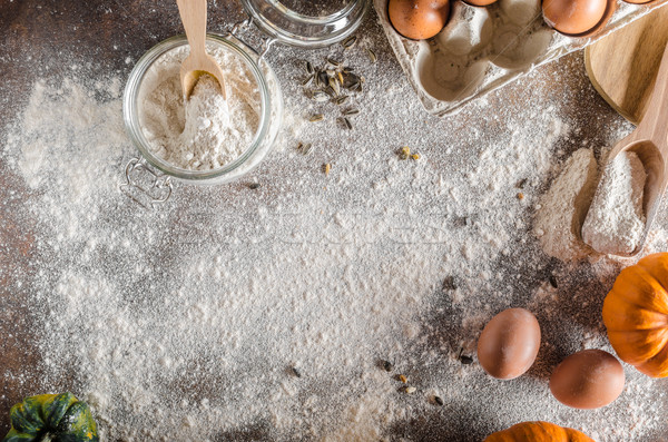 Munka fa asztal tojások liszt sütőtök Stock fotó © Peteer