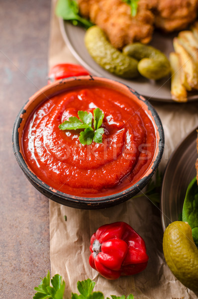 Eredeti sültkrumpli házi készítésű csípős szósz chilli paprikák Stock fotó © Peteer