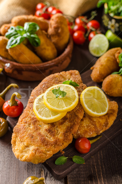 Stockfoto: Kip · eigengemaakt · aardappel · kaas · chili · achtergrond