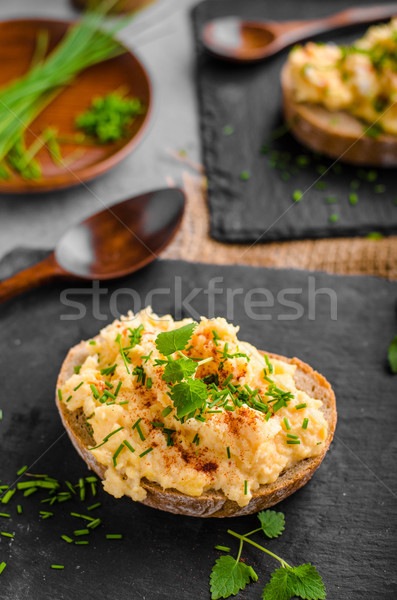 Eier Chili Kräuter Essen Tabelle grünen Stock foto © Peteer