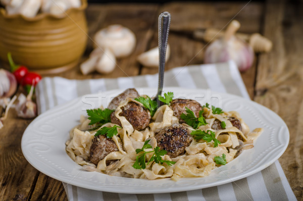Homemade tagliatelle with meat balls Stock photo © Peteer