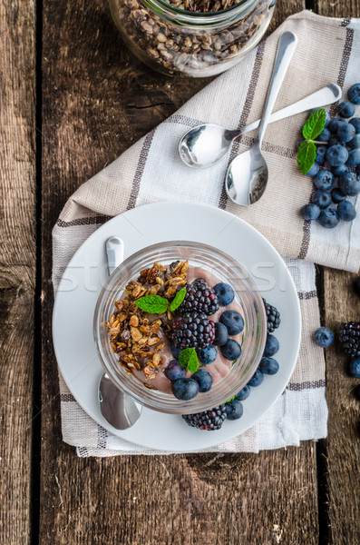 Stock foto: Schokolade · Pudding · Beeren · mint · Holz · Schreibtisch