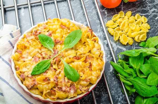 Baked homemade pasta with leeks, bacon and cream Stock photo © Peteer