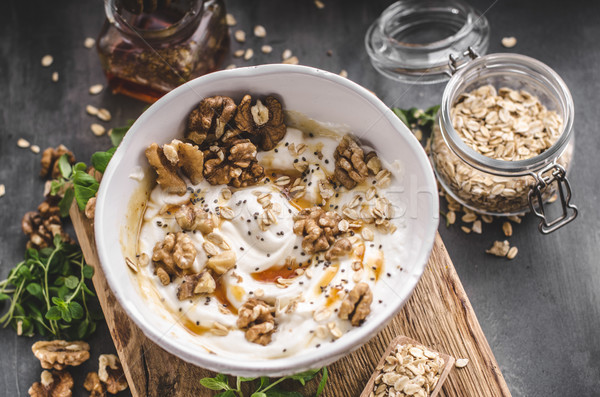 Fresh cheese with honey and walnuts Stock photo © Peteer