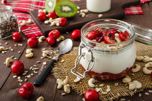 Stock photo: Domestic cherry yogurt with wonder chia seeds and granula