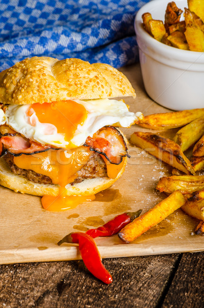 Homemade burger with fried egg and spicy fries Stock photo © Peteer