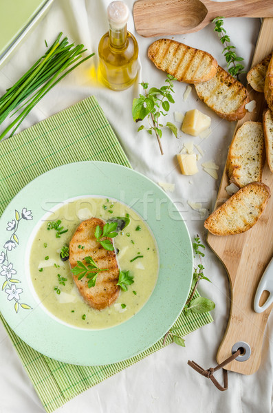 Creamy leek herby soup with toast Stock photo © Peteer