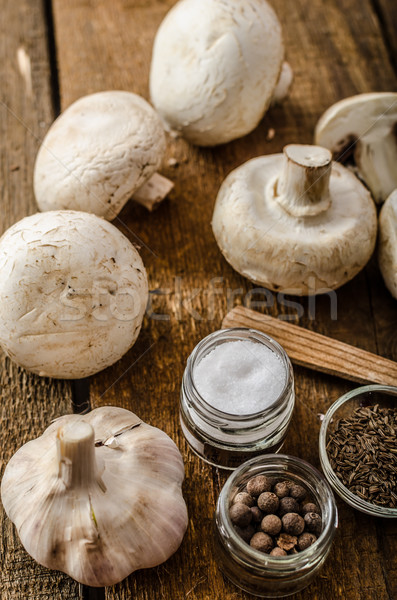 Bio garlic, spices and wild mushrooms from the home garden Stock photo © Peteer