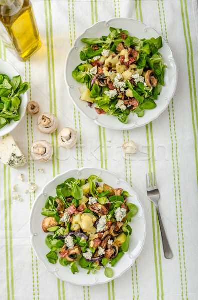 Stock foto: Salat · neue · Kartoffeln · Blauschimmelkäse · Speck · Olivenöl