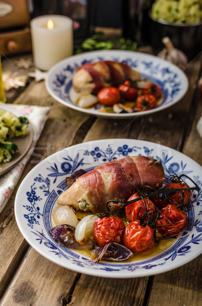 Stock foto: Prosciutto · Huhn · gebacken · Butter · Füllung · Kirschtomaten