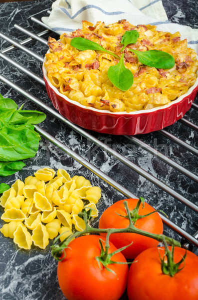 Baked homemade pasta with leeks, bacon and cream Stock photo © Peteer