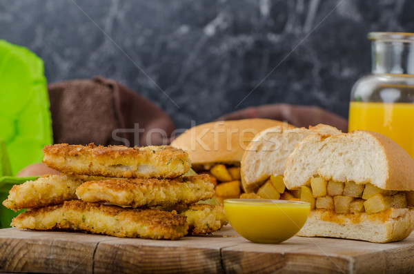 Stockfoto: Vis · chips · vers · spinazie · honing · achtergrond