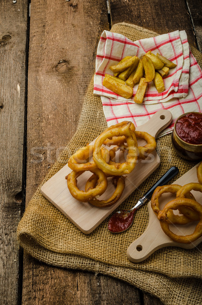 Onion rings, hot dip, french fries and Czech beer Stock photo © Peteer