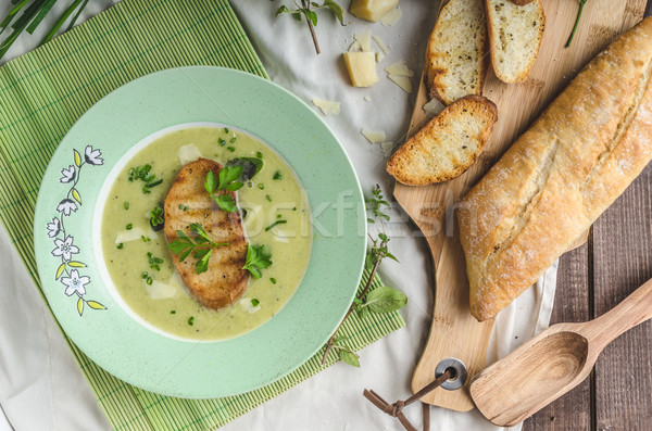 Creamy leek herby soup with toast Stock photo © Peteer