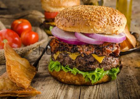 Stock fotó: Amerikai · rusztikus · hamburger · szalonna · cheddar · marhahús
