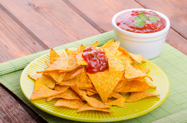 Tortilla chips with spicy tomato salsa Stock photo © Peteer