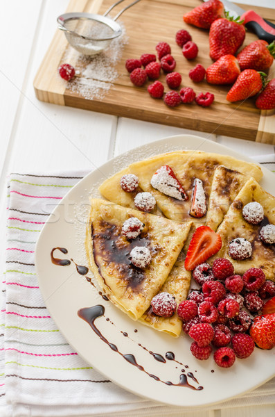 Stock photo: Pancakes with homemade balsamic reduction and fresh fruit