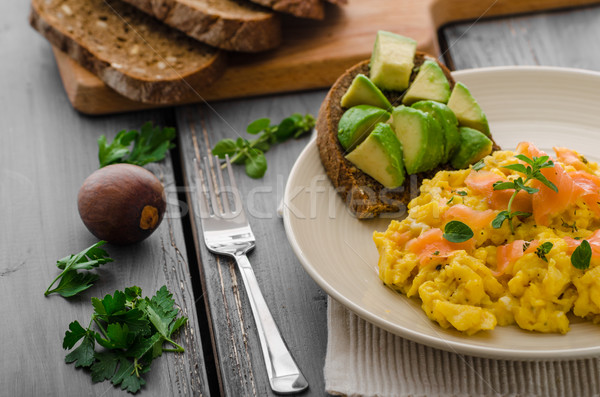 Salmon scrambled eggs and avocado toast Stock photo © Peteer