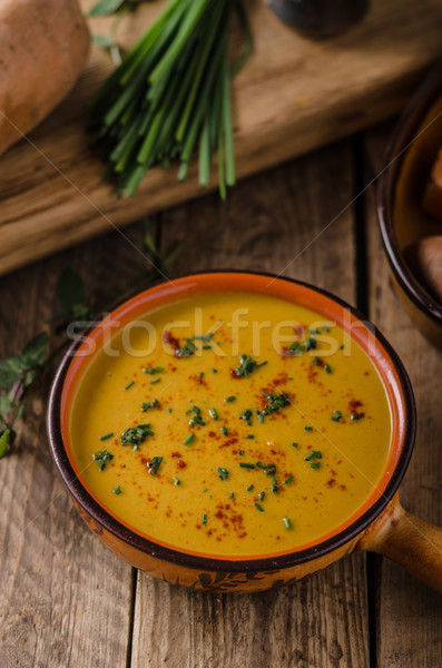 Zoete aardappel soep kruiden chili knoflook tabel Stockfoto © Peteer