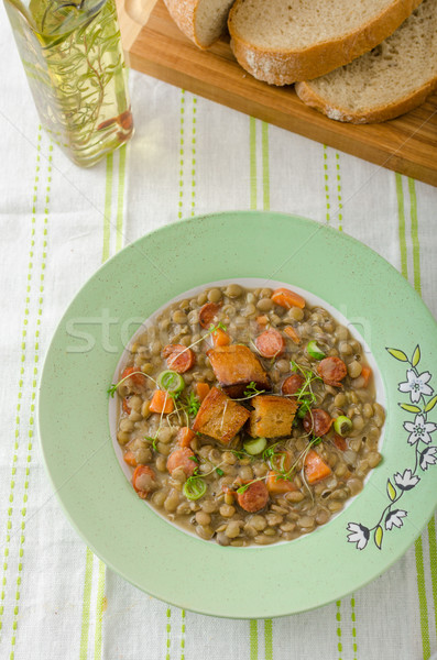 Soczewica zupa kiełbasa zielone czerwony hot Zdjęcia stock © Peteer
