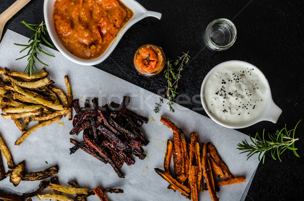Healthy vegetable chips - french fries beet, celery and carrots Stock photo © Peteer