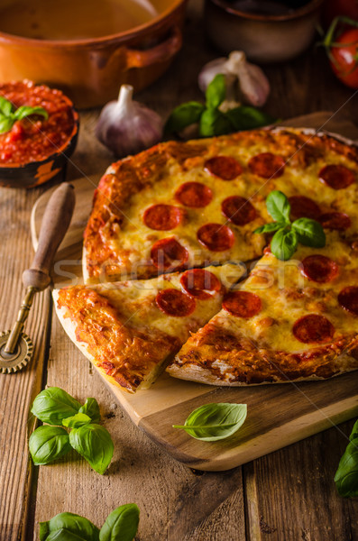 Házi készítésű sajt pizza szalámi finom cheddar Stock fotó © Peteer