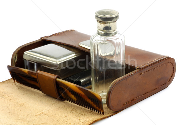Stockfoto: Oude · leder · uitrusting · witte · tools · fles