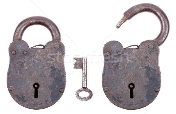 Mittelalterlichen Vorhängeschloss Schlüssel verschlossen Eisen rostigen Stock foto © PeterHermesFurian