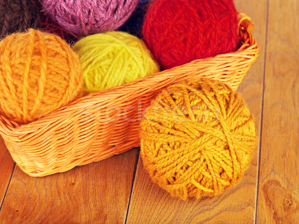 Stock photo: Different Yarn Balls In Wooden Basket