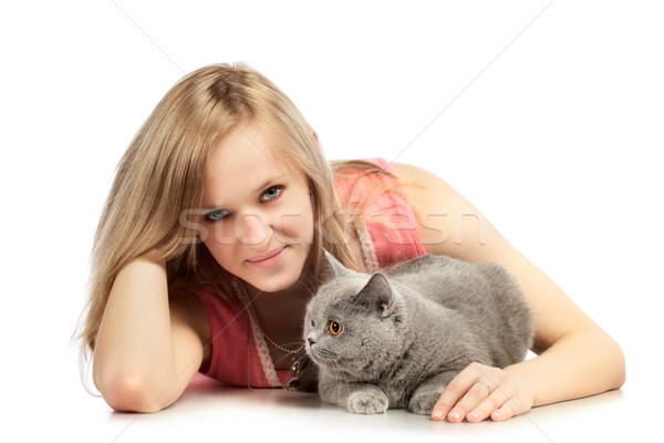 Mädchen Katze schöne Mädchen isoliert weiß Spaß Stock foto © PetrMalyshev