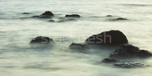 Foto stock: Rocas · surf · mar · la · exposición · a · largo · puesta · de · sol · paisaje