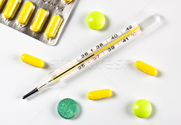 Stock fotó: Hőmérő · tabletták · szürke · üveg · felirat · kék