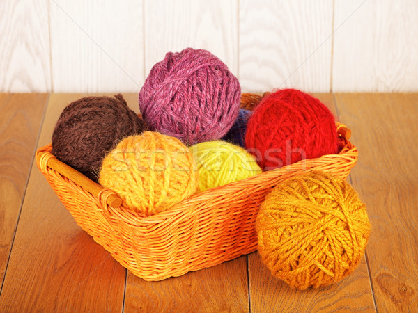Stock photo: Different Yarn Balls In Wooden Basket