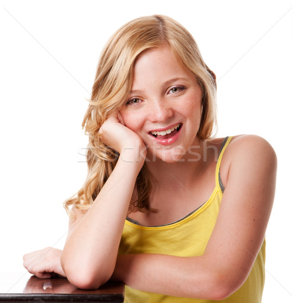 Happy laughing girl with clean facial skin Stock photo © phakimata