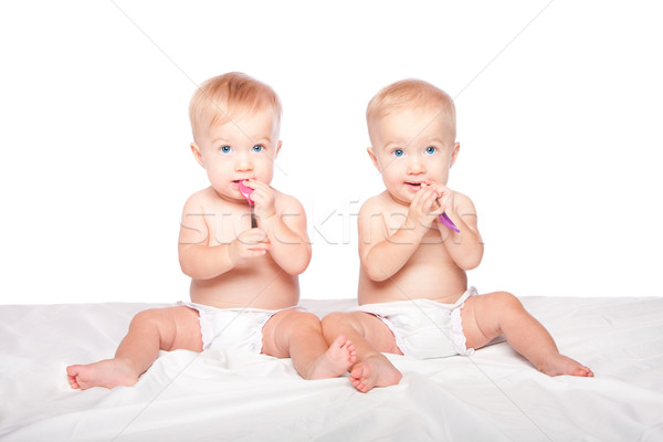 Stock foto: Cute · Zwillinge · Babys · Löffel · zwei · liebenswert