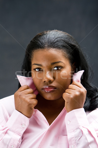 [[stock_photo]]: Belle · africaine · femme · rose · shirt