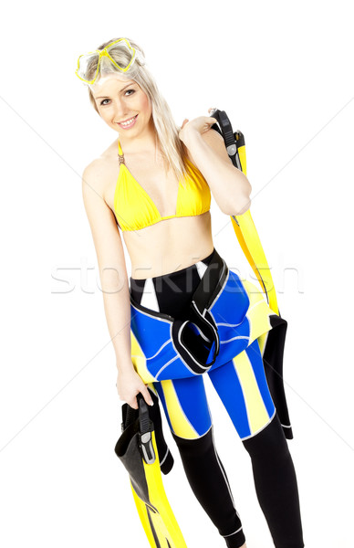 Permanente jonge vrouw duiken uitrusting vrouwen Stockfoto © phbcz