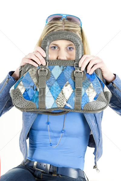 Porträt Sitzung Frau Handtasche blau weiblichen Stock foto © phbcz