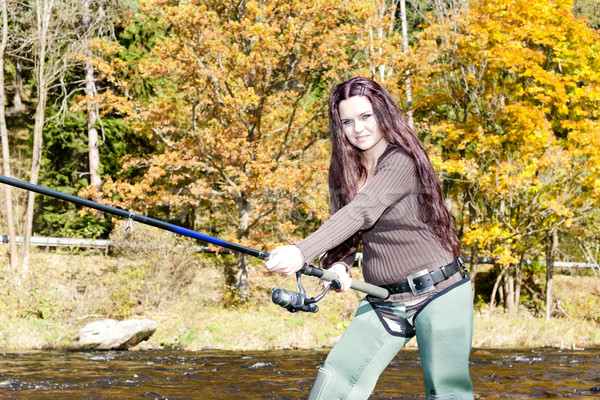 ストックフォト: 女性 · 釣り · 川 · チェコ共和国 · 女性 · 秋