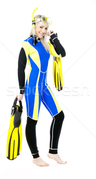 standing young woman wearing neoprene with snorkeling equipment Stock photo © phbcz