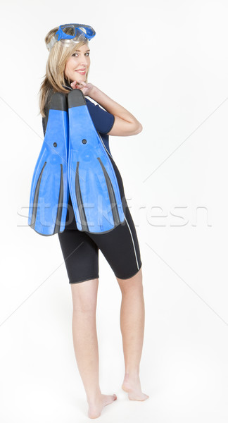 standing young woman wearing neoprene with flippers and diving g Stock photo © phbcz