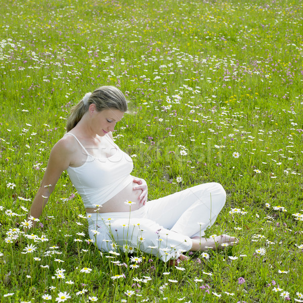 pregnat woman sitting on meadow Stock photo © phbcz
